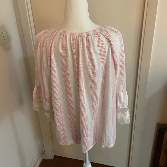 Maurices floral lace linen blouse cream pink size medium striped cutouts tassels - Picture 7 of 15
